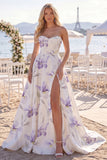 White Purple Flower A Line Ruched Sweep Train Beach Wedding Dress with Slit