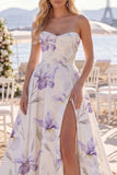 White Purple Flower A Line Ruched Sweep Train Beach Wedding Dress with Slit