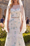 White Green Flower 2 Piece Boat Neck Sweep Train Wedding Dress with Veils