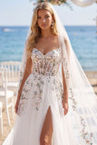 White Pink Flower Tulle A Line Embroidered Corset Sweep Train Wedding Dress with Veils