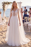 White Floral Chiffon A Line V-Neck Sweep Train Keyhole Beach Wedding Dress with Veils