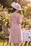 Tulle Blush Floral Round Neck Beaded Midi Mother of the Bride Dress