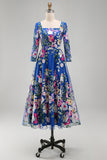 Royal Blue A-Line Square Neck Floral Midi Mother of the Bride Dress