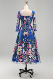 Royal Blue A-Line Square Neck Floral Midi Mother of the Bride Dress