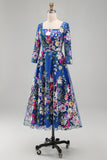 Royal Blue A-Line Square Neck Floral Midi Mother of the Bride Dress