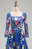 Royal Blue A-Line Square Neck Floral Midi Mother of the Bride Dress