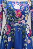 Royal Blue A-Line Square Neck Floral Midi Mother of the Bride Dress