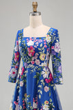 Royal Blue A-Line Square Neck Floral Midi Mother of the Bride Dress