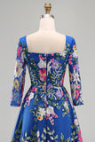 Royal Blue A-Line Square Neck Floral Midi Mother of the Bride Dress