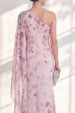 Lilac One Shoulder Chiffon Floral Mermaid Long Mother Of the Bride Dress with Side Cape