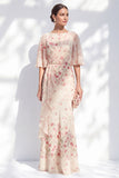 Blue Floral Bateau Neck Chiffon Sheath  Half Sleeves Long Mother Of the Bride Dress