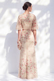 Blue Floral Bateau Neck Chiffon Sheath  Half Sleeves Long Mother Of the Bride Dress