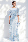 Blue Floral Bateau Neck Chiffon Sheath  Half Sleeves Long Mother Of the Bride Dress