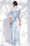 Blue Floral Bateau Neck Chiffon Sheath  Half Sleeves Long Mother Of the Bride Dress