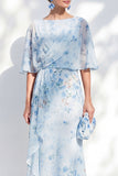 Blue Floral Bateau Neck Chiffon Sheath  Half Sleeves Long Mother Of the Bride Dress