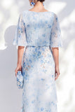 Blue Floral Bateau Neck Chiffon Sheath  Half Sleeves Long Mother Of the Bride Dress