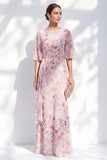 Blue Floral Bateau Neck Chiffon Sheath  Half Sleeves Long Mother Of the Bride Dress