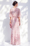 Blue Floral Bateau Neck Chiffon Sheath  Half Sleeves Long Mother Of the Bride Dress