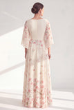 A-Line Apricot Floral Bateau Neck Long Mother Of the Bride Dress with Half Sleeves