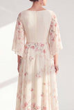 A-Line Apricot Floral Bateau Neck Long Mother Of the Bride Dress with Half Sleeves