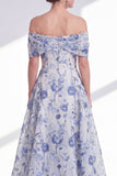 A-Line Blue Flower Off the Shoulder High Low Mother Of the Bride Dress