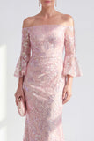 Sparkly Mermaid Blush Off the Shoulder Sequins Long Mother Of the Bride Dress