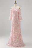 Sparkly Mermaid Blush Off the Shoulder Sequins Long Mother Of the Bride Dress