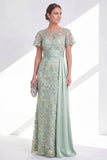 Green Mermaid Round Neck Floral Long Mother Of the Bride Dress with Sash