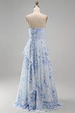 A-Line Blue Chiffon Floral Spaghetti Straps Ruched Long Mother Of the Bride Dress