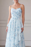 A-Line Blue Chiffon Floral Spaghetti Straps Ruched Long Mother Of the Bride Dress