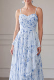 A-Line Blue Chiffon Floral Spaghetti Straps Ruched Long Mother Of the Bride Dress