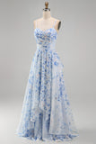 A-Line Blue Chiffon Floral Spaghetti Straps Ruched Long Mother Of the Bride Dress