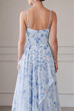 A-Line Blue Chiffon Floral Spaghetti Straps Ruched Long Mother Of the Bride Dress