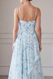 A-Line Blue Chiffon Floral Spaghetti Straps Ruched Long Mother Of the Bride Dress