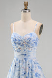 A-Line Blue Chiffon Floral Spaghetti Straps Ruched Long Mother Of the Bride Dress