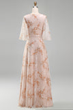 Mermaid Champagne Floral Bateau Neck Ruffled Long Mother Of the Bride Dress