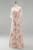 Mermaid Champagne Floral Bateau Neck Ruffled Long Mother Of the Bride Dress