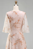 Mermaid Champagne Floral Bateau Neck Ruffled Long Mother Of the Bride Dress