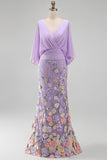 Mermaid Champagne Floral V-Neck Long Mother Of the Bride Dress with Cape Sleeves