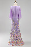 Mermaid Champagne Floral V-Neck Long Mother Of the Bride Dress with Cape Sleeves