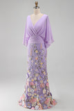 Mermaid Champagne Floral V-Neck Long Mother Of the Bride Dress with Cape Sleeves