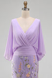 Mermaid Champagne Floral V-Neck Long Mother Of the Bride Dress with Cape Sleeves