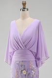 Mermaid Champagne Floral V-Neck Long Mother Of the Bride Dress with Cape Sleeves