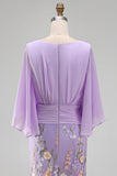 Mermaid Champagne Floral V-Neck Long Mother Of the Bride Dress with Cape Sleeves