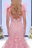 Pink Mermaid Organza Floral Bow Long Pageant Dress with Slit
