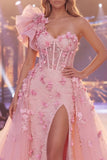 Pink Mermaid One Shoulder Sheer Corset Floral Long Pageant Dress with Slit