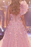 Pink Mermaid One Shoulder Sheer Corset Floral Long Pageant Dress with Slit
