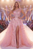 Pink Mermaid One Shoulder Sheer Corset Slit Floral Long Pageant Dress