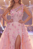 Pink Mermaid One Shoulder Sheer Corset Slit Floral Long Pageant Dress