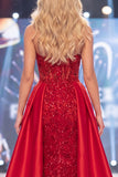 Mermaid Red Sweetheart Sheer Corset Beaded Long Pageant Dress with Sash